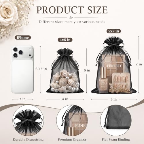 Image of FUNFERY 100Pcs Black Organza Bags 4x6 in,Small Mesh Drawstring Gift Bag