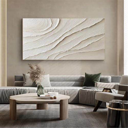 KEMEIQI Grande peinture abstraite 3D beige et blanche, texture 3D blanche, peinture sur toile minimaliste, art blanc, décoration murale neutre, 70 x 140 cm, sans cadre – vue 2