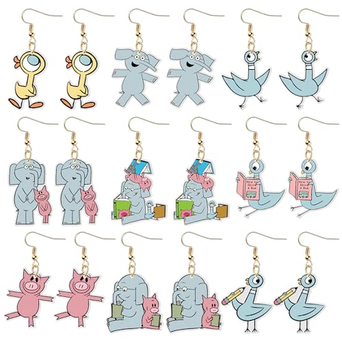 Back to School Earrings Set - 9Pairs Cute Elephant Pig Pigeon Bird Book Character Studs Dangle Drop Earrings Gift for Teachers Women Back to School Jewelry Teacher Appreciation Gift Favor
