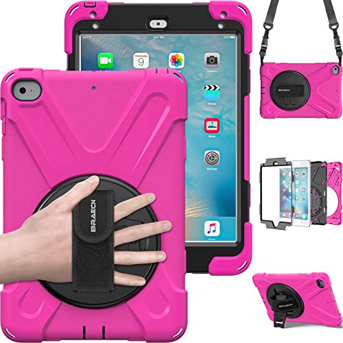 BRAECN iPad Mini4 Shockpoof Case,Three Layer Drop Protection Rugged Protective Heavy Duty iPad Mini5 Case With 360 Degree Swivel Stand,Hand Strap and Shoulder Strap For iPad Mini 5 & 4 Case (Rose Red)