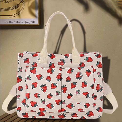 Image of Cherry Tote Bag for Women Canvas Patched Purse Cute Shoulder Bag Multi-Pocket Satchel Handbag for work travel