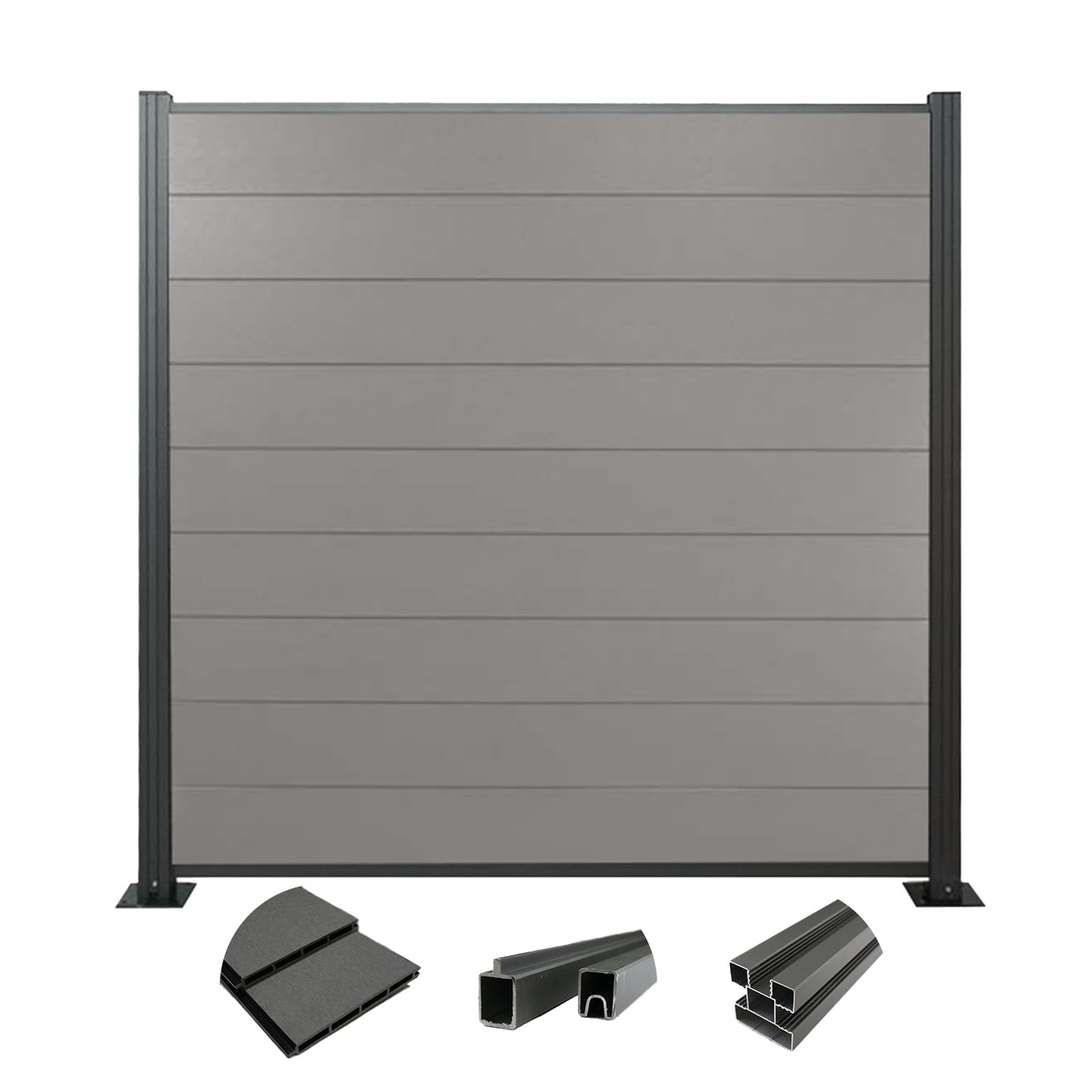 WoodoZaun - WPC Sichtschutzzaun - Grau - 185 cm x 180 cm - Gartenzaun Komplettset - inkl. Pfosten Anthrazit - 1x Zaun & 2x Pfosten
