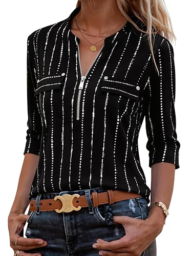 Image of Bulotus Womens 3 /4 Sleeve Tops Plus Size V Neck Zipper Business Casual Blouses for Office & Going Out Soft Knit Tunics, M-3XL