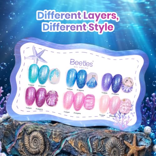 Image of Beetles Glitter Gel Nail Polish Set, Siren Scale Shimmer Gel Polish, 6 Colors 9ml UV LED Soak Off Blue Pink Purple Mermaid Nail Art Set with Rhinestones & Swatch Card