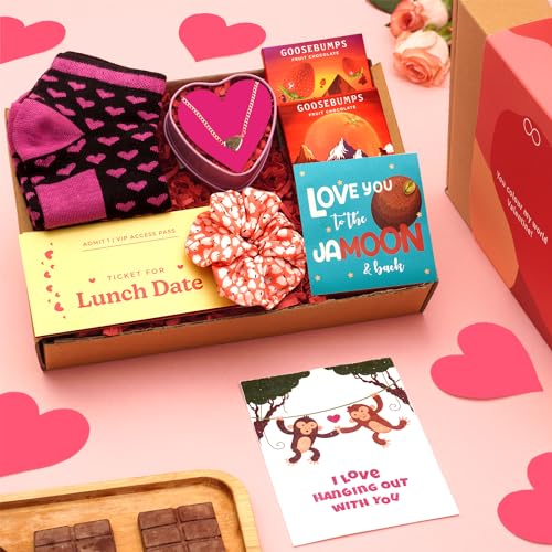 Loopify Valentine Gift for Girlfriend and Wife, Gift Hamper Includes Chocolate, Fridge Magnet, Necklace, Date Night Love Coupons, Scrunchie, Cotton Socks and Greeting Card