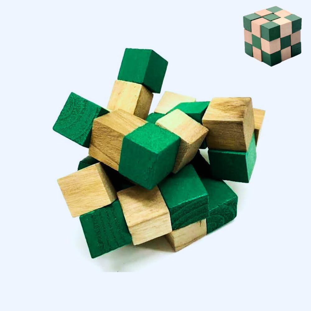 New Wooden Snake Twist Puzzle Toy Brain Teaser Magic Cube for Kids and Adults | 3x3 Infinity Fidget Cube|Return Gifts for Age 8-12 Years and Up (Green & Beige)