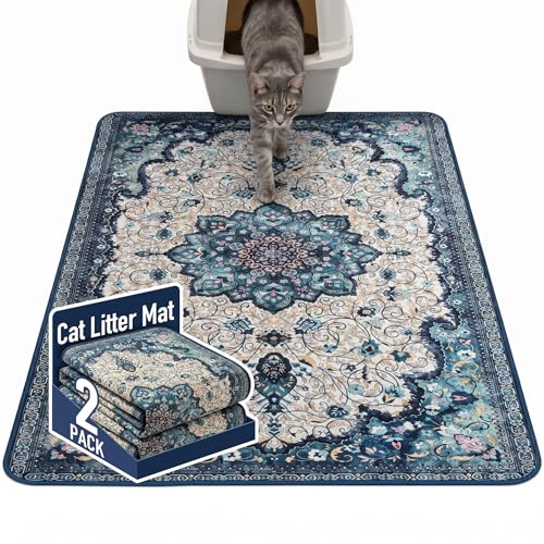 Hompet Cat Litter Mat 2 Pack, 48x60 Large Machine Washable Trapping Mats for Cats, Super Absorbent & Urine-Proof Cat Litter Box Mat for Floor, Waterproof & Non Slip Kitty Litter Rug