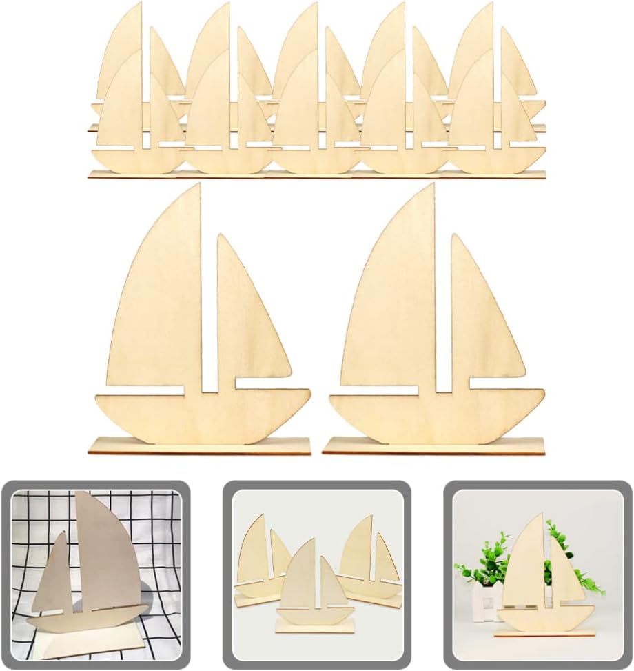 10pcs Sailboat Wood Slices Unfinished Wood Cutouts Rustic Blank Wood Sailing Slice Pieces Ornaments Hanging Embellishments for Beach Ocean Theme Party DIY Art Crafts Projects