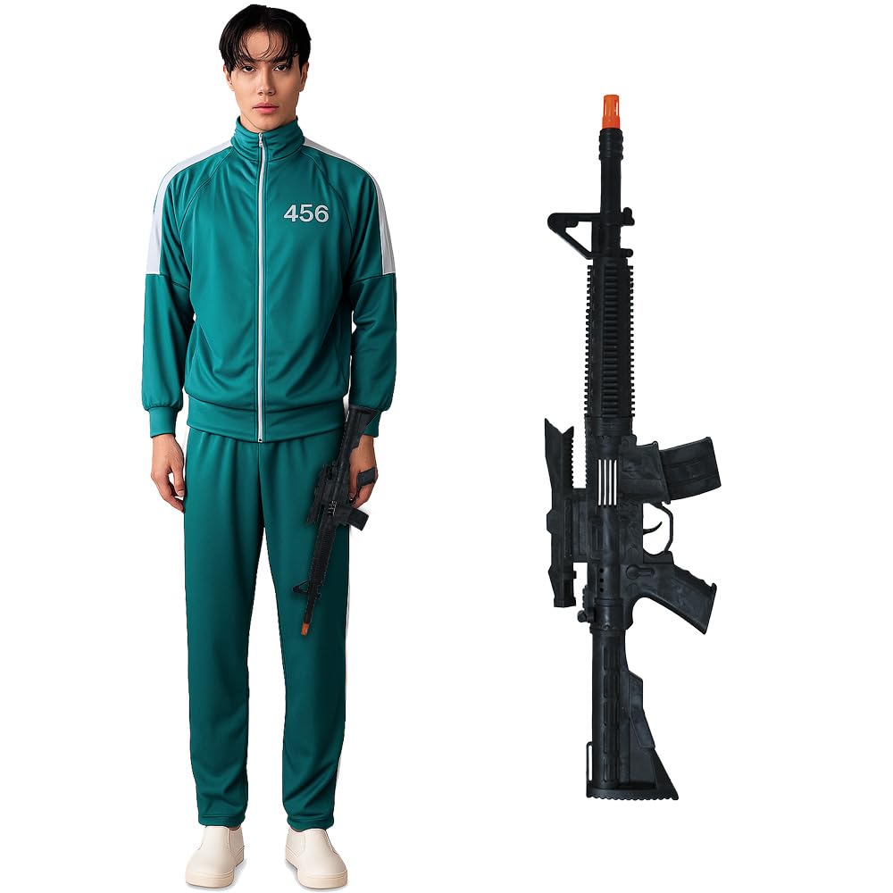 Disfraz Chándal Verde Hombre, Kit Disfraz Calamar Adulto Carnaval - Conjunto Verde con accesorios para Fiestas, Halloween y Carnaval