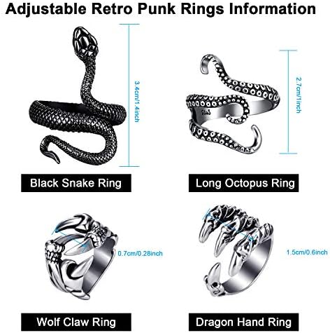 Hicarer 4 Pieces Vintage Punk Rings Octopus Dragon Adjustable Stainless Steel Ring (Dragon Claw, Octopus, Wolf Claw, Snake)