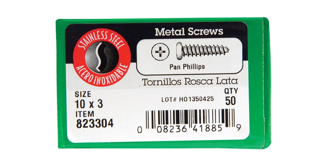 Hillman 823304 10 x 3 in. Pan Head Sheet Metal Screws Stainless Steel - Box of 50