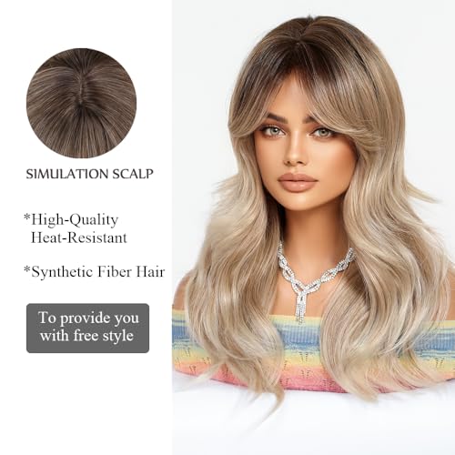 OUFEI Long Ombre Ash Blonde Wig With Curtain Bangs Natural Wavy Wigs for Women Natural Synthetic Hair Heat Resistant Wigs for Daily Party Cosplay Wear - Image 3