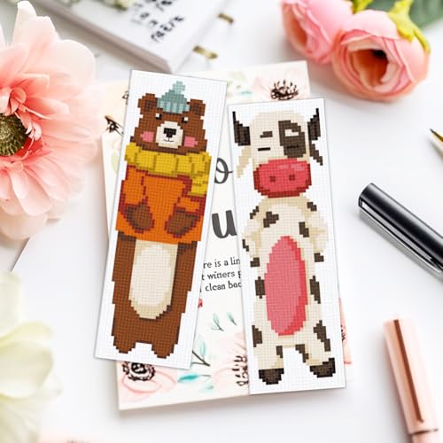 Image of ACRNIGHEET 6PCS Cross Stitch Bookmark Kit for Beginner Cartoon Animals Stamped Cross Stitch Kits for Adults DIY Embroidery Bookmark Kits Crossstitch Kits Adult with Instructions Hand Craft Gift 11CT