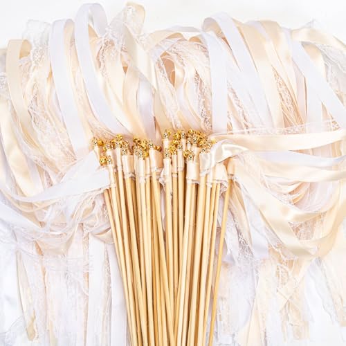 Lot de 50 Baguettes de Mariage, Baguettes de Mariage, Plan de Table, Banderoles de Mariage Avec Grandes Cloches et rubans de Mariage, Baguettes Magiques, De fée en Soie Pour Mariages (Beige)