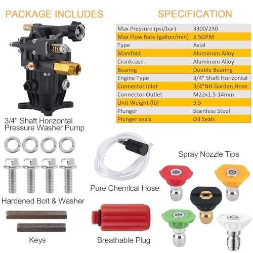 3300 PSI Pressure Washer Pump 3/4\" Shaft Horizontal Power Washer Pump Replacement 2.5 GPM Pressure Pump Replacement for Honda GC160 Power Washer