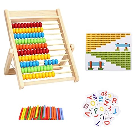 Zhongtou Rechenschieber Grundschule Abakus Holz Rechenrahmen mit 100 Holzperlen und Zählstäbchen Zahlenalphabetkarten Formel 4 Additions, Subtraktions Kinder Rechner Abakus Rechenhilfe Zählrahmen Cover