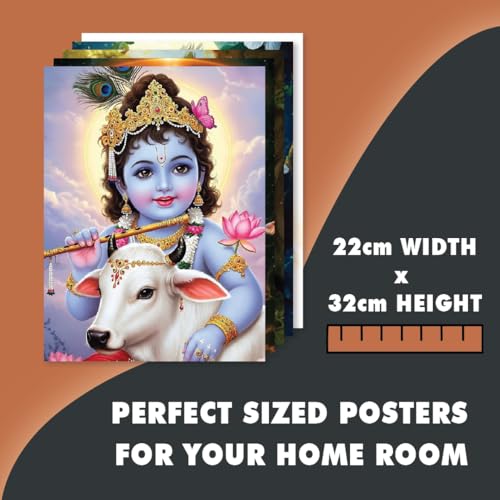 Image of Krishna ji Devotional Wall Posters, Premium 300 GSM, HD Quality, Matte Finish, 22x32 cm, Set of 5 with Glue Drops