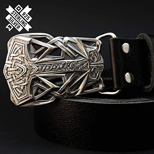 Thor\'s Hammer Sterling Silver belt buckle, Scandinavian Old Norse Mjolnir solid 925 Sterling Silver belt buckle, Viking Age god\'s silver weapon - Thumbnail 6