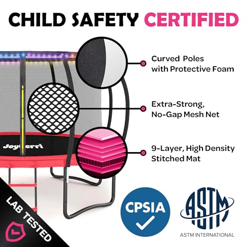 Image of JoyBerri Upsurge Trampoline Outdoor - ASTM Certified Safe 8Ft 10Ft 12Ft 14Ft 15Ft 16Ft Recreational Trampoline for Kids and Adults. Anti-Rust Coating with Enclosure Net, Ladder, Sprinkler & LED Lights
