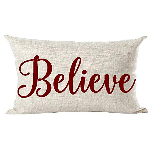 Ramirar Happy New Year Merry Christmas Claret Wine Red Word Believe Inspirational Decorative Lumbar Throw Pillow Cover Case Home Living Room Bed Sofa Car Cotton Linen Rectangular 12 X 20 Inches #TOP8