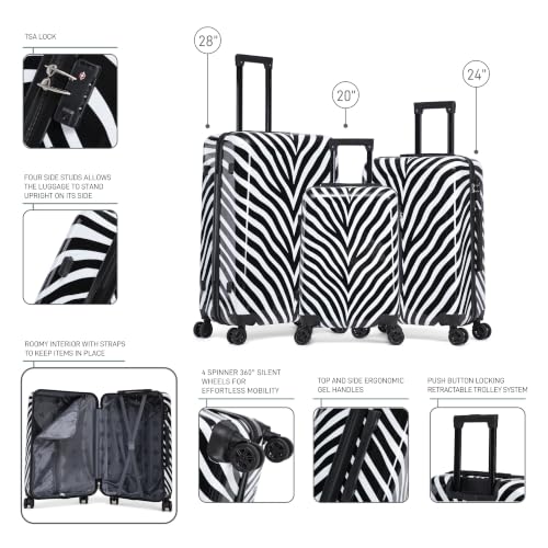 Image of InUSA Zebra Print 3 Piece Hardside Spinner Luggage Set 20 /24 /28in. TSA Lock