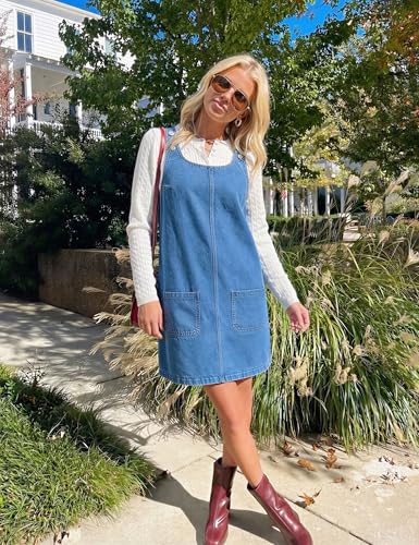 Image of Xaspee Denim Overall Dress for Women Casual Mini Sleeveless Jean Vintage Jumper Skirt Dress with Pockets