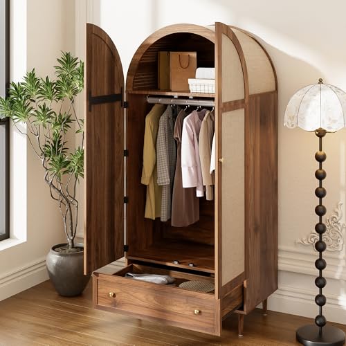 RIAZOS Kleiderschrank mit Stange Stofftüren & Schublade Eleganter Walnussoptik Garderobe Schlafzimmer Wohnzimmer 79x50x175 cm