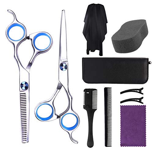 Hair Cutting Scissors Kit, 10PCS Professional Haircut Shears Set, Hairdressing Thinning Scissors with Case, Hair Razor Cutting Comb, Cape, Clips, Cleaning Cloth, Sponge for Home Salon Barber