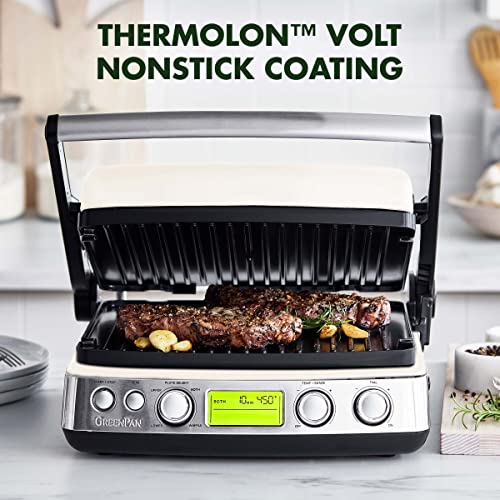 Greenpan Elite 7-In-1 Multi-Function Contact Grill & Griddle, Healthy Ceramic Nonstick Aluminum, Two Sets Of Grill & Waffle Plates, Adjustable Shade & Shear, Closed Press/Open Flat Surface,Cream White #TOP1