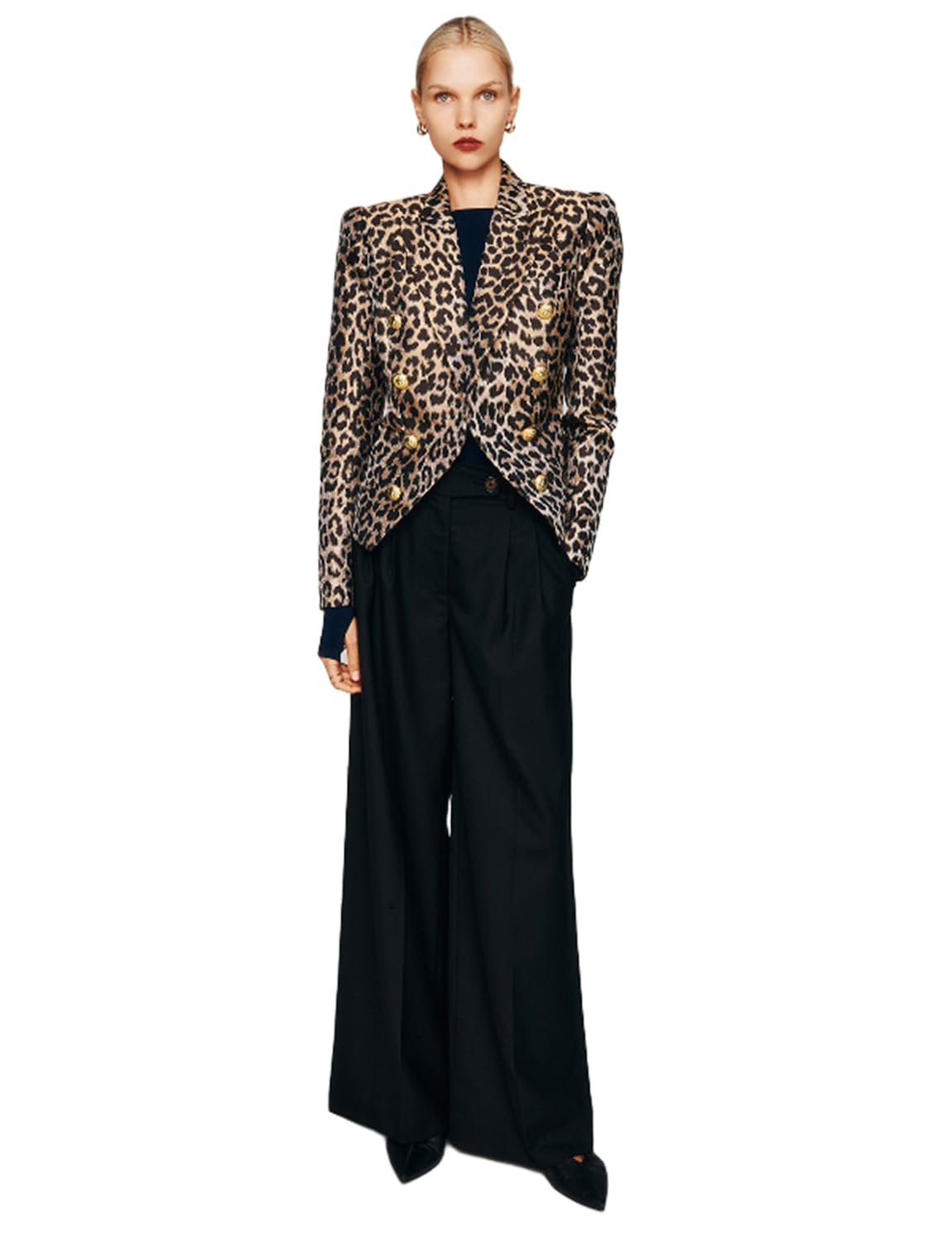 Womens Leopard Grain Blazer Formal Double Breasted Buttons Jacket Work Office Tuxedos Suit