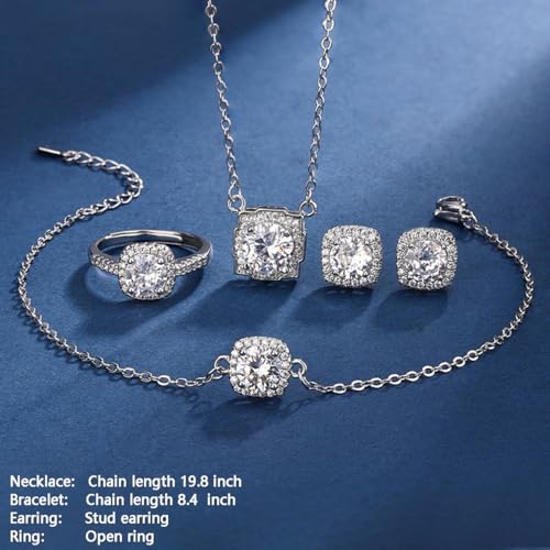 4pcs Cubic Zirconia Wedding Jewelry Sets for Bride Bridesmaid Cubic Zirconia Pendant Necklace Earrings Link Tennis Bracelet Open Ring Set for Women Birthday/Valentine's Day/Mother's Day/Christmas3