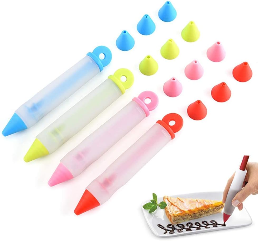 KASTWAVE Silicone Food Writing Pen Cake Decorating Tool, Practical Squeezing Cream Pen Chocolate Cake Decoration Tool with 4 Heads Cookie Icing Piping Pastry Nozzles for Bakery Kitchen 4Pcs