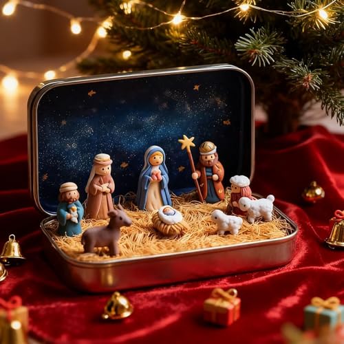 Mini crèche de Noël dans une boîte en métal, boîte cadeau de crèche de poche artisanale, figurines Carry L’histoire de Noël avec des moutons de la Sainte Famille en résine et Jésus pour les amis