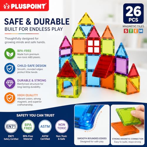 Image of PLUSPOINT 26pc Magnetic Tiles Blocks Building Construction Toys for Kids Ages 3 and Up Imagine and Create STEM Educational Toys for Brain Development and Develop Creativity Toy Blocks