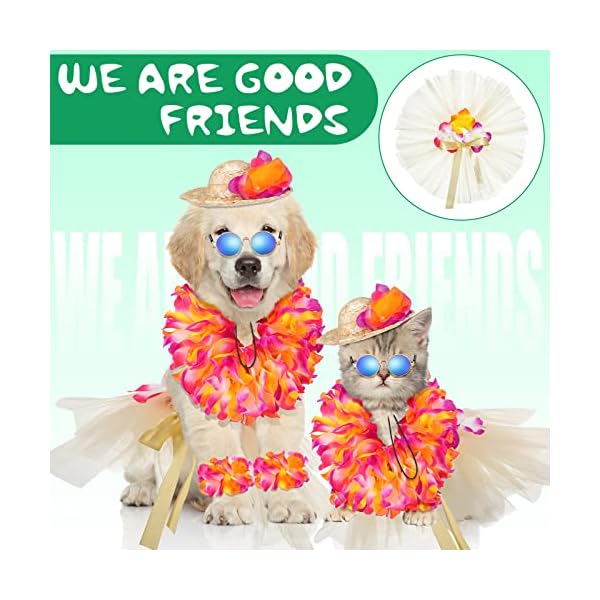 6 pcs halloween pet dog hawaiian costume includes dog tutu skirt dog sunglasses summer grass dog dresses with straw hat and garland dog outfit dog costumes for dogs puppy hawaii luau party supplies - image 6