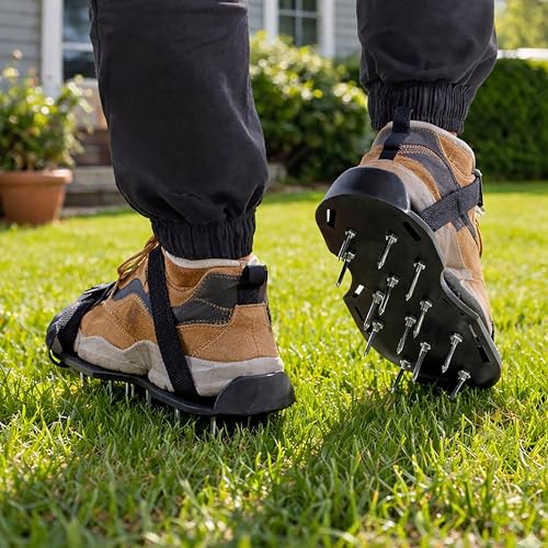 Garden Mile Lawn Aerator Shoes with Dual Straps Heavy Duty Spikes Strap-On Grass Aerator Sandals ABS Base Steel Spikes for Lawn Care Soil Aeration Tool Universal Fit Garden Shoes