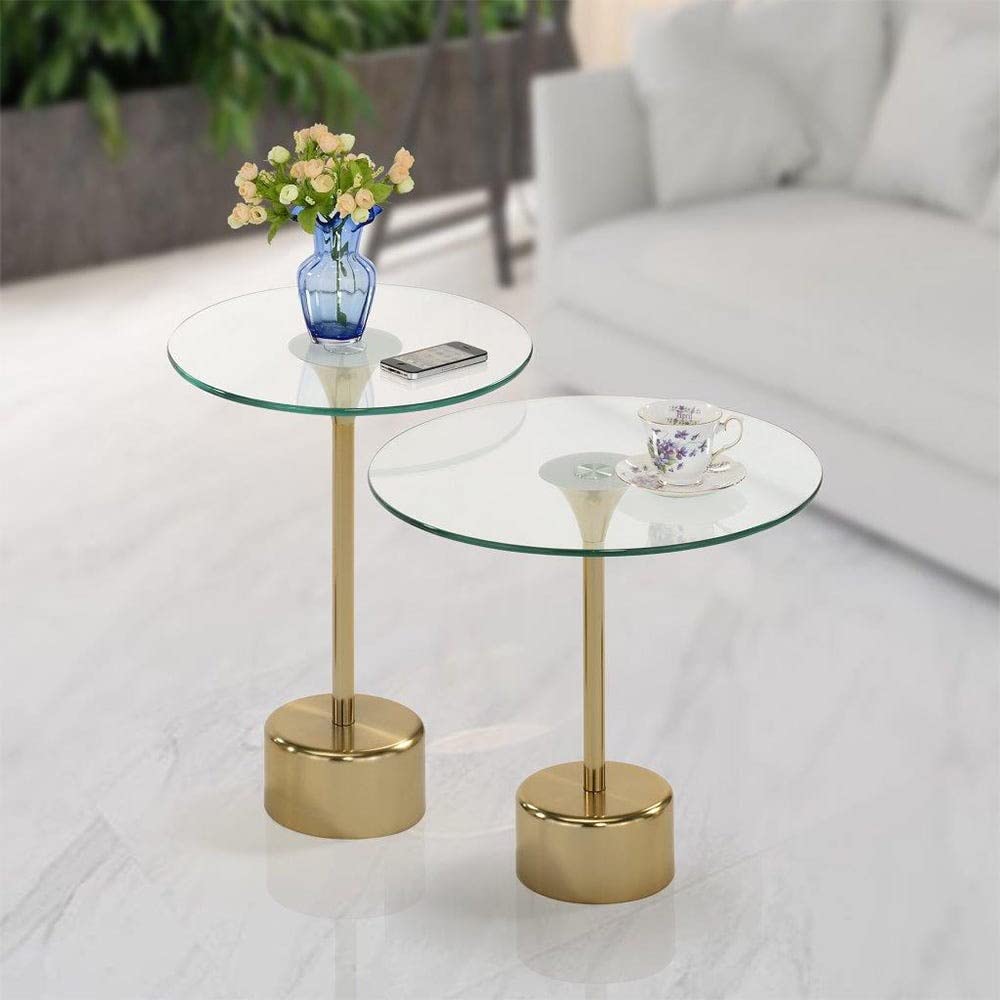 Danube Home Kadita 2Pcs Table Set | Multifunctional Living Room Table | Space Saving Round Side Table | Modern Design End Table Furniture For Home, Bedroom (L45Xw45Xh43Cm) - Satin Brass/Clear Glass