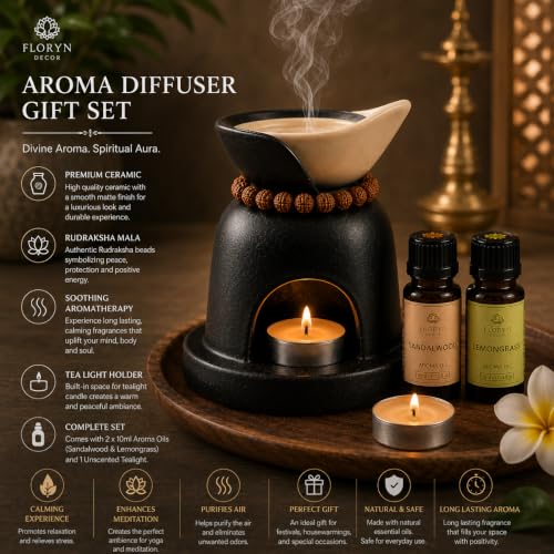 Image of Floryn Decor Divine Aroma Diffuser Gift Set, Ceramic Oil Burner with Rudraksha Mala, 2 x 10ml Aroma Oils (Sandalwood & Lemongrass), 2 Unscented Tealight Candles for Home Decor