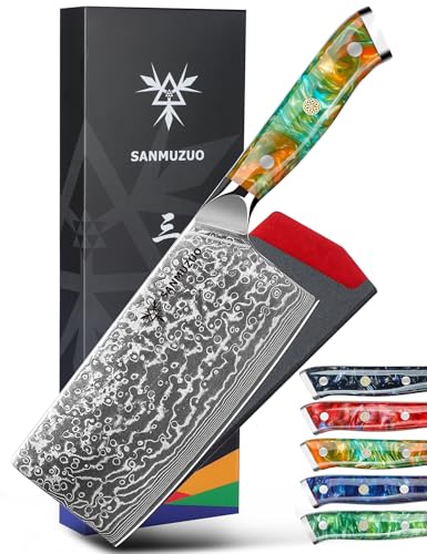 SANMUZUO Damas Couteau de Chef Chinois avec Lame 18 cm Professionnel Couteaux de Cuisine en VG-10 67 Couche Damas Acier avec Poignée en Résine(Orange Fantastique) - Xuan Série