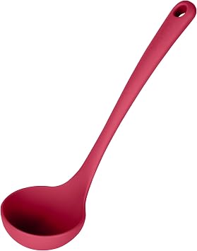 2.6oz Small Silicone Soup Ladle U-Taste 600oF Heat Resistant Non-Stick Kitchen Deep Serving Spoon, Soft Cooking Utensil with Non-Slip Solid Handle for Mixing Sauce Stew Gravy 11in, Red