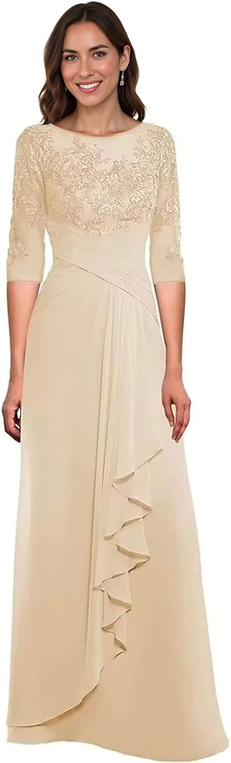 REIOKJ Lace Chiffon Mother of The Bride Dresses - 3/4 Sleeves Long Formal Evening Dress for Wedding
