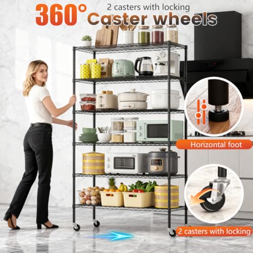 Image of BestOffice | 6-Tier Wire Shelf with Wheels | 48 inch x 18 inch x 81 inch | Black