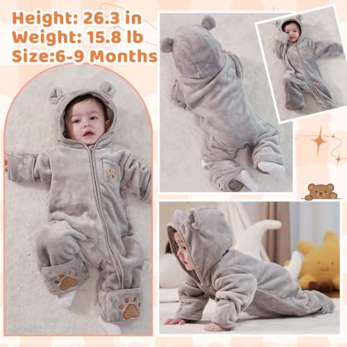 Image of Fairy Baby Newborn Baby Bear Outfit With Fold-Over Mittens Footies Thin Fleece Romper Hooded Jumpsuit Winter Coat Girls Boys