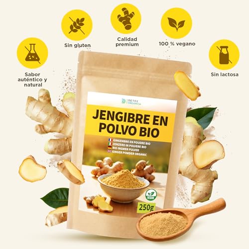 DETOX ORGANICA Jengibre Orgánico en Polvo 250g – 100% Puro y Natural – Raíz de Jengibre Molida – Sabor Intenso – Bolsa Resellable–Ideal para Infusiones, Cocina, Batidos | Refuerza el Sistema Immune - imagen 3