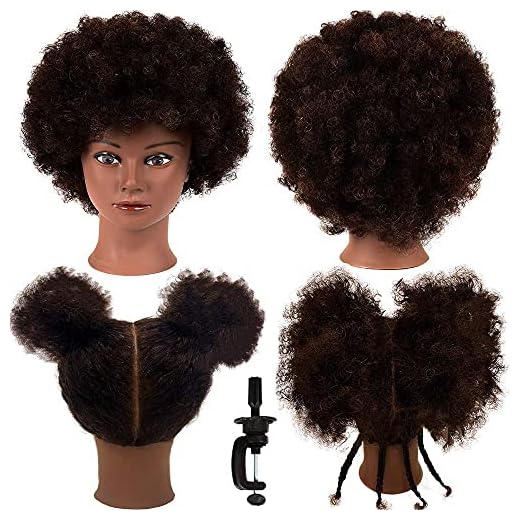 Afro Mannequin Head 100% Human Hair Training Hair Head Hairdresser Training Manikin Cosmetology Doll Head African American Manikin Head for Practice Styling Braiding with Clamp Holder