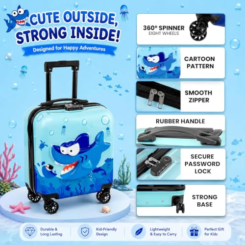 Image of Kids Carry On Luggage with Wheels,18-inch Hard Shell Suitcase Lightweight Toddler Rolling Trolly with Retractable Handle,Durable Hardside Spinner Trolly for Airplane Travel (Blue Shark)