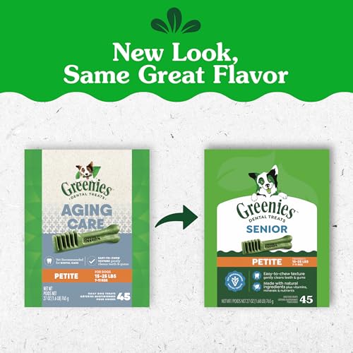 Greenies Dental Treats for Dogs, Veterinarian-Recommended Aging Care Adult Natural Dental Dog Treats, Petite Size, 27 oz. Pack, 45 Count
