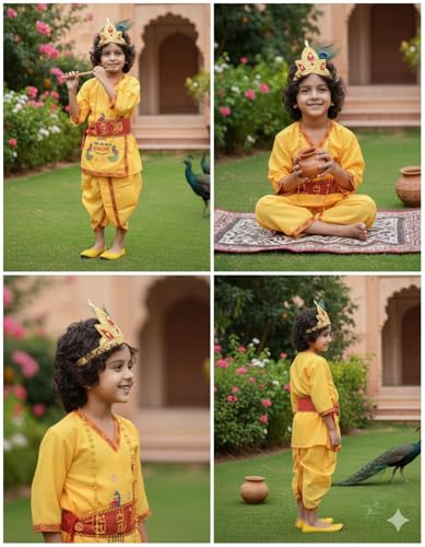 Image of BookMyCostume Cotton Krishna Dress For Baby Boy|Print Shri Krishna Costume For Kids With Patka,Flute,Mukut & Mala|Janmashtami Photoshoot Outfit|Fancy Dress Roleplay Costume For Kids|6-12 Months