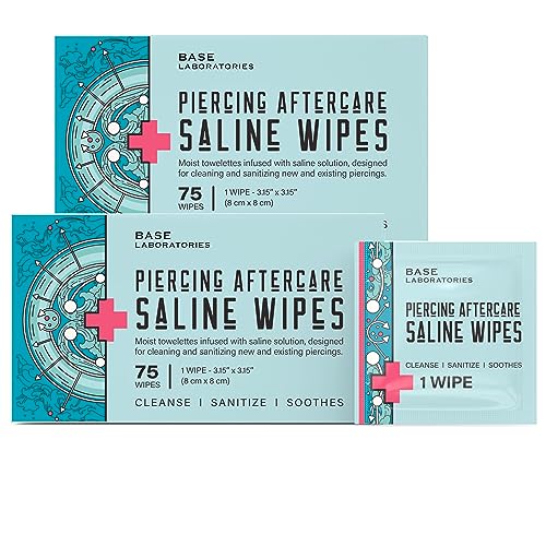 Image of Base Labs Piercing Aftercare Wipes | Cleanses & Sanitizes | Piercing Cleaner Wipes for Nose, Ear, Belly, Lips | Saline Solution for Piercings | Keloid Bump Removal & Piercing Bump Treatment | 2PK
