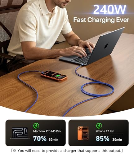 Image of USB C to USB C Cable 240W Fast Charging 10FT, USBC to C Cable iPhone USB C Charger Cable Durable Braided Type C Cable PD3.1 Fast Charging for iPhone 17 /16 /15, Samsung S26, Laptop, MacBook Pro /Air-Blue
